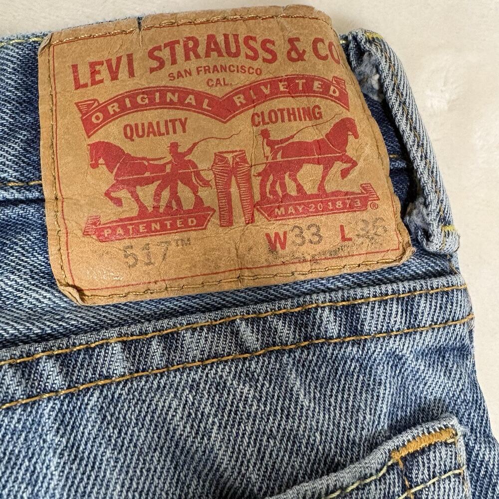 Levi's 517 Bootcut Jeans 33x36 Distressed Medium Blue Wash 100% Cotton Denim - Picture 9 of 15
